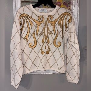 STUDIO Michelle Stuart VTG Argyle Sweater Women Sz Small Cream/Gold